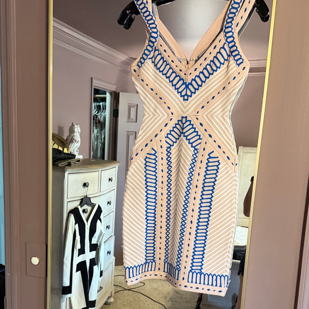 Herve Leger Cream Mini Dress with Blue Trim